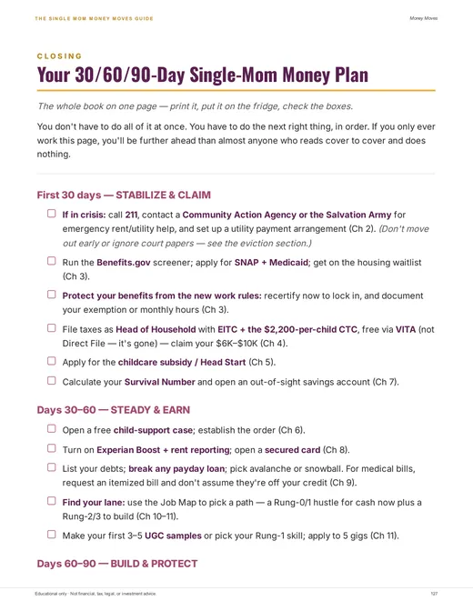 Your 30/60/90-Day Single-Mom Money Plan, the whole book on one page